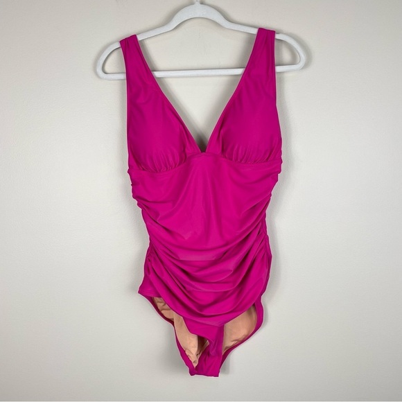 J Crew Ruched Plunge One Piece Swimsuit Pink Womens 14 Stretch V-Neck - Picture 2 of 13